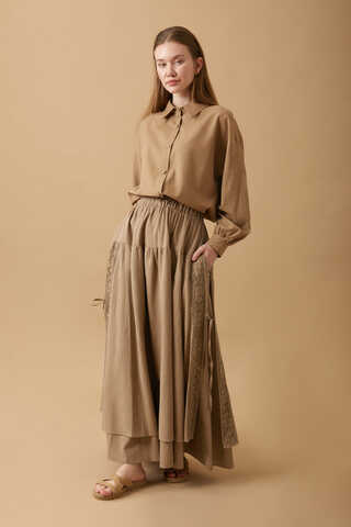 Dantel Detaylı Keten Etek Camel - 2