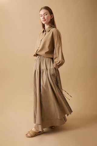 Dantel Detaylı Keten Etek Camel - 9