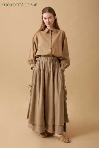 Dantel Detaylı Keten Etek Camel - 1