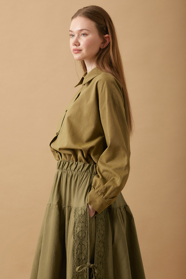 Dantel Detaylı Keten Etek Haki - 8