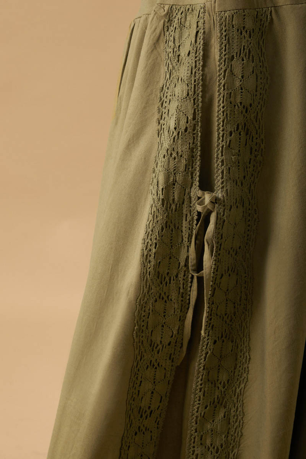 Dantel Detaylı Keten Etek Haki - 12