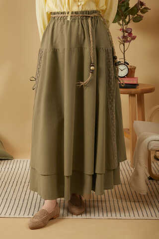 Dantel Detaylı Keten Etek Haki - 2