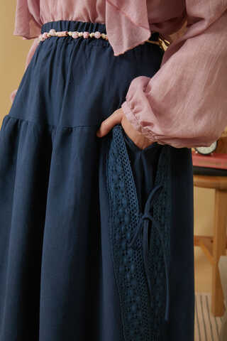 Dantel Detaylı Keten Etek Lacivert - 2