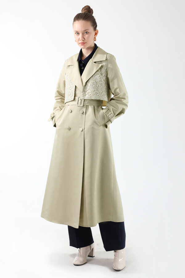 Dantel Detaylı Trençkot Ekru - 1
