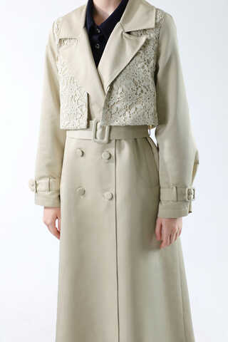 Dantel Detaylı Trençkot Ekru - 4
