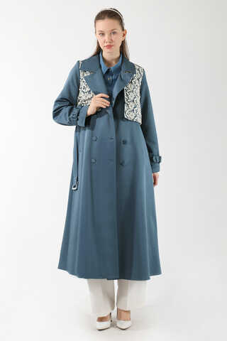 Dantel Detaylı Trençkot İndigo - 1