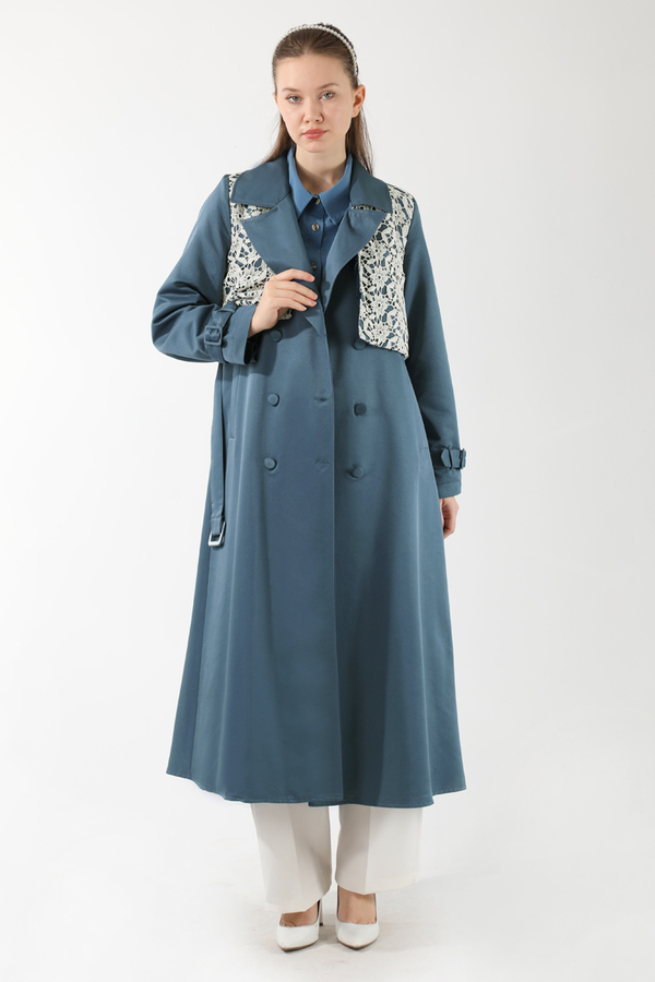 Dantel Detaylı Trençkot İndigo - 1