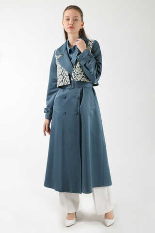 Dantel Detaylı Trençkot İndigo - 3