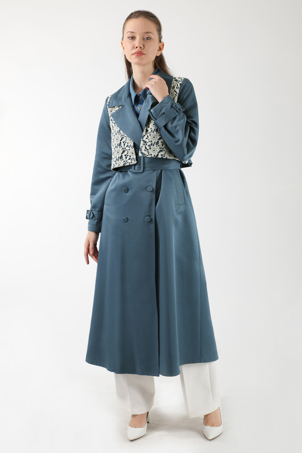 Dantel Detaylı Trençkot İndigo - 3