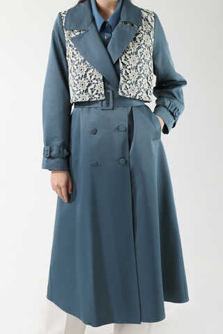 Dantel Detaylı Trençkot İndigo - 4