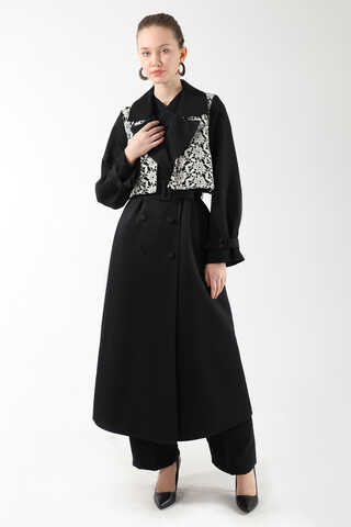 Dantel Detaylı Trençkot Siyah - 3