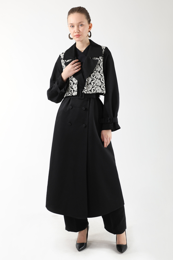 Dantel Detaylı Trençkot Siyah - 3