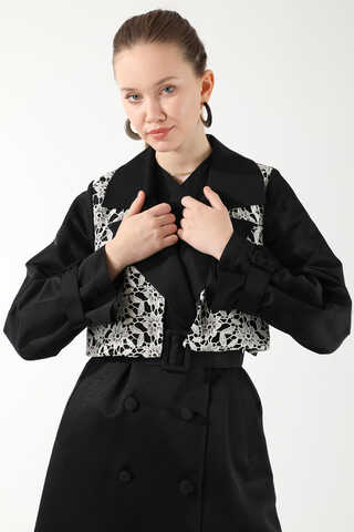 Dantel Detaylı Trençkot Siyah - 2