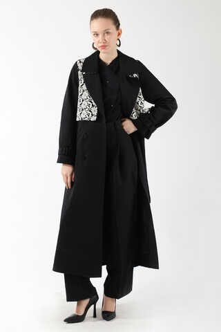 Dantel Detaylı Trençkot Siyah - 1