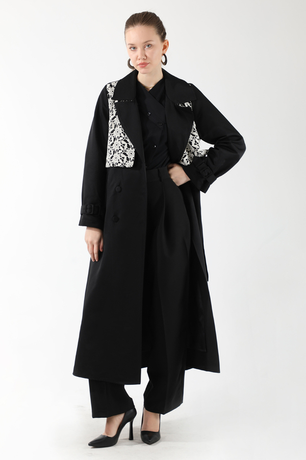 Dantel Detaylı Trençkot Siyah - 1