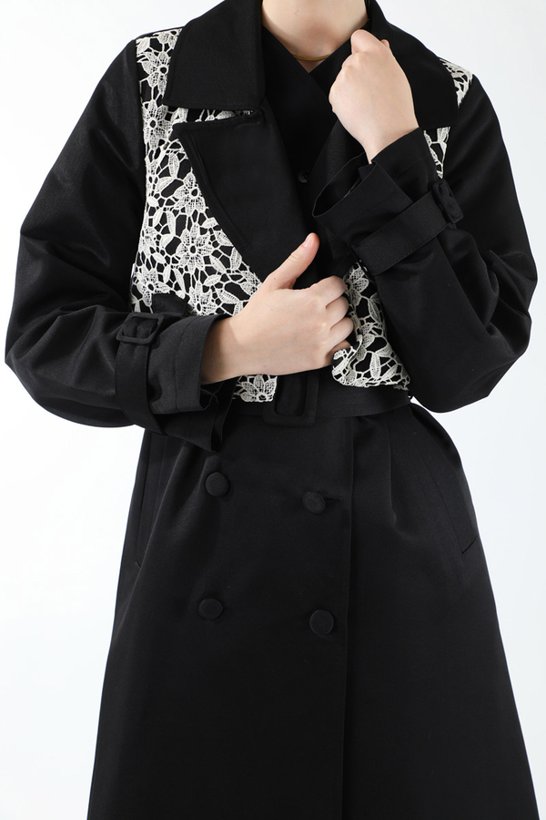 Dantel Detaylı Trençkot Siyah - 4