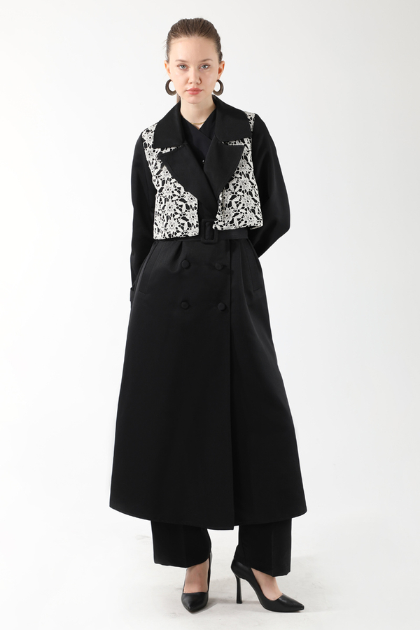 Dantel Detaylı Trençkot Siyah - 5