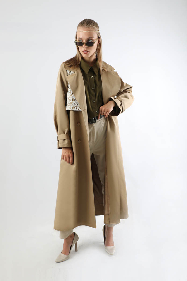 Dantel Detaylı Trençkot Taş - 2