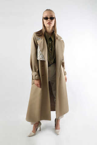 Dantel Detaylı Trençkot Taş - 5