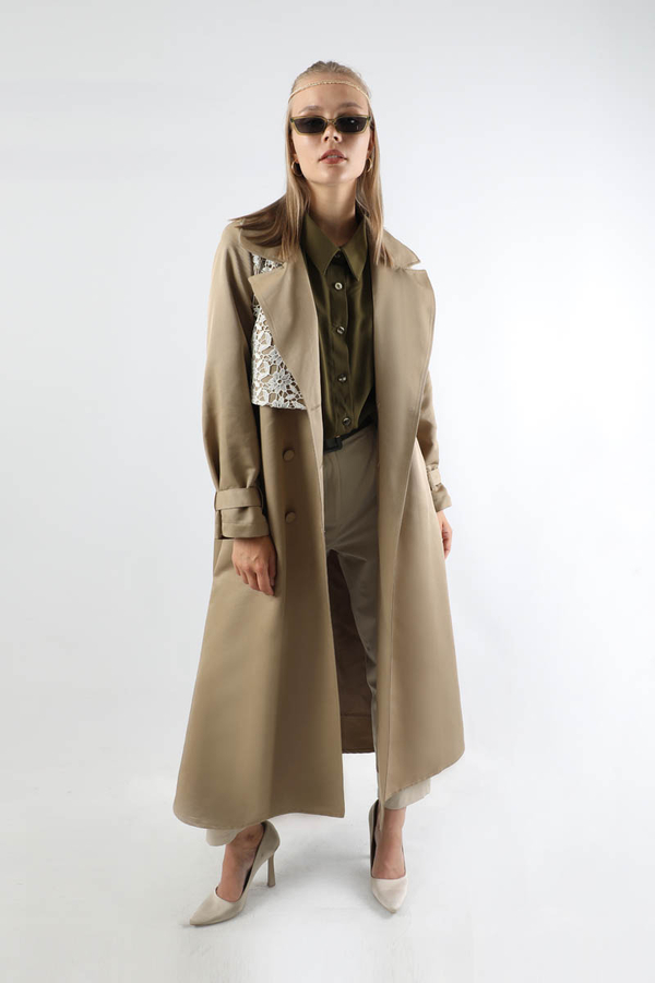 Dantel Detaylı Trençkot Taş - 5