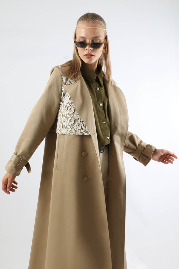 Dantel Detaylı Trençkot Taş - 7