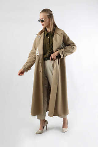 Dantel Detaylı Trençkot Taş - 9