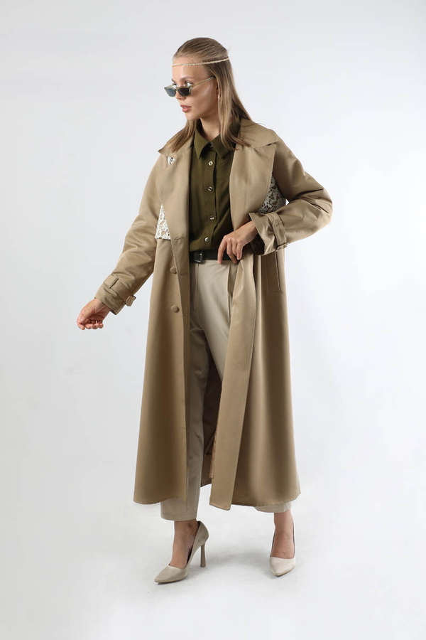 Dantel Detaylı Trençkot Taş - 9