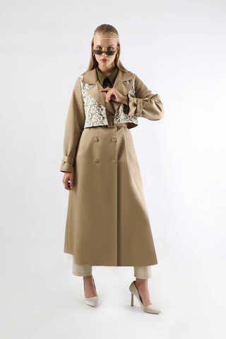 Dantel Detaylı Trençkot Taş - 1