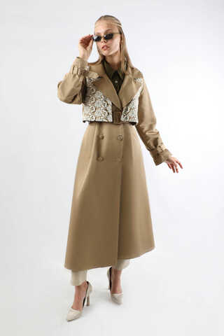 Dantel Detaylı Trençkot Taş - 3