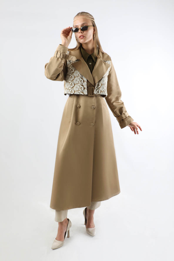 Dantel Detaylı Trençkot Taş - 3