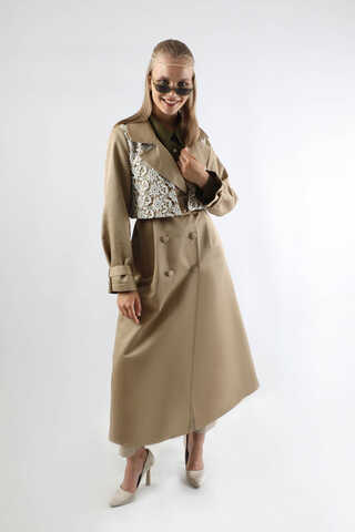 Dantel Detaylı Trençkot Taş - 6