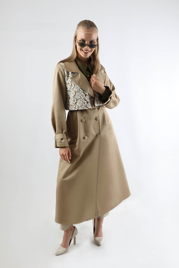 Dantel Detaylı Trençkot Taş - 6