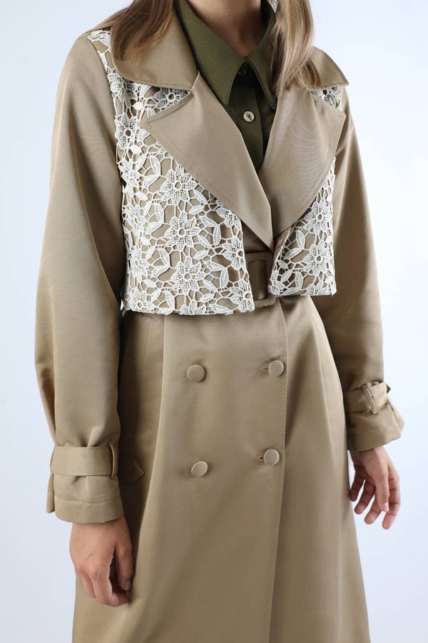 Dantel Detaylı Trençkot Taş - 4