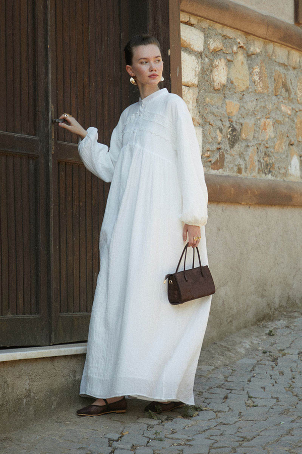 Dantel Robalı Elbise Beyaz - 5