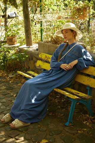 Dantel Robalı Elbise İndigo - 6