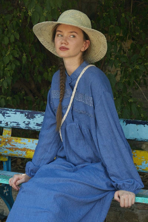 Dantel Robalı Elbise İndigo - 10