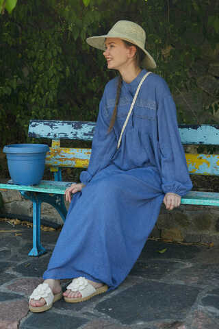 Dantel Robalı Elbise İndigo - 12