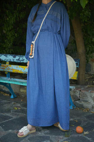 Dantel Robalı Elbise İndigo - 14