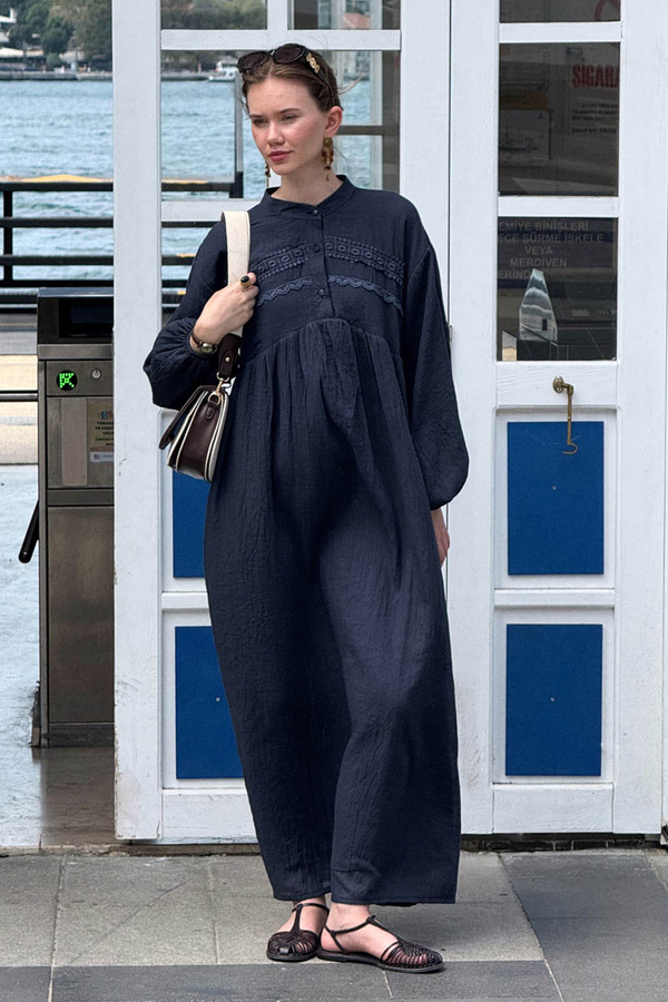 Dantel Robalı Elbise Lacivert - 2