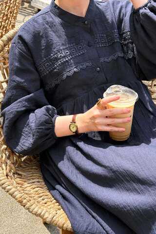 Dantel Robalı Elbise Lacivert - 1