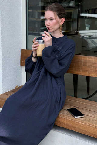 Dantel Robalı Elbise Lacivert - 7