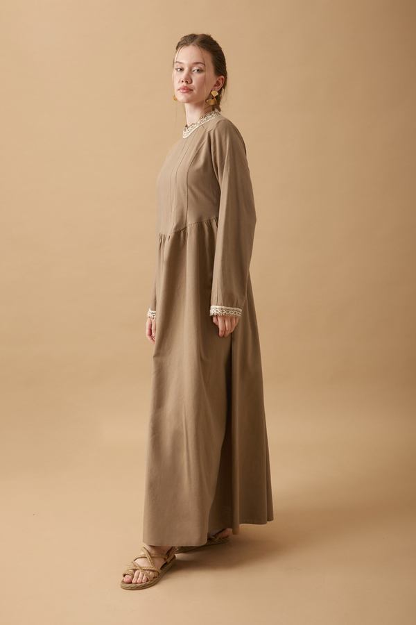 Dantel Şeritli Keten Elbise Camel - 11