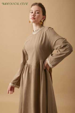 Dantel Şeritli Keten Elbise Camel - 6