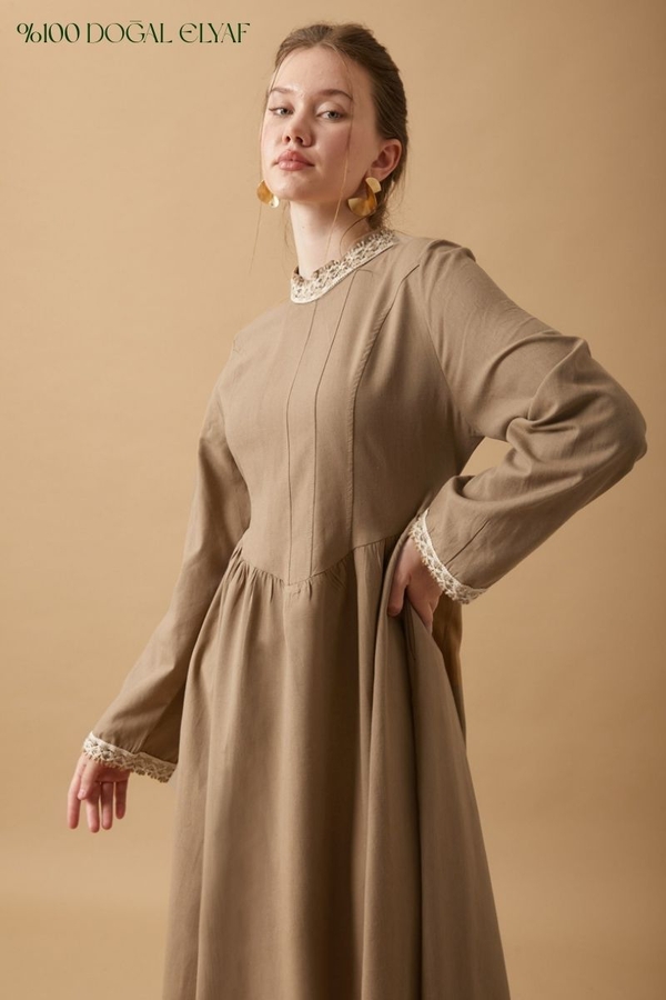 Dantel Şeritli Keten Elbise Camel - 6