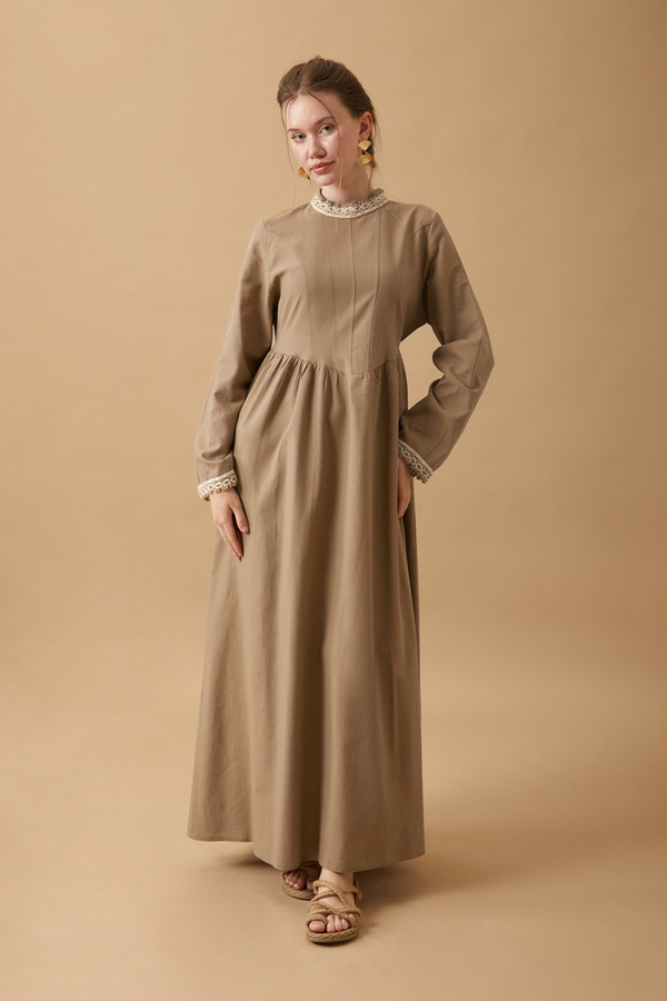 Dantel Şeritli Keten Elbise Camel - 7