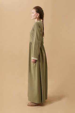 Dantel Şeritli Keten Elbise Haki - 6