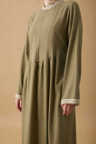 Dantel Şeritli Keten Elbise Haki - 7