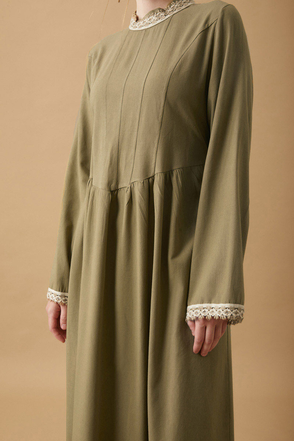 Dantel Şeritli Keten Elbise Haki - 7