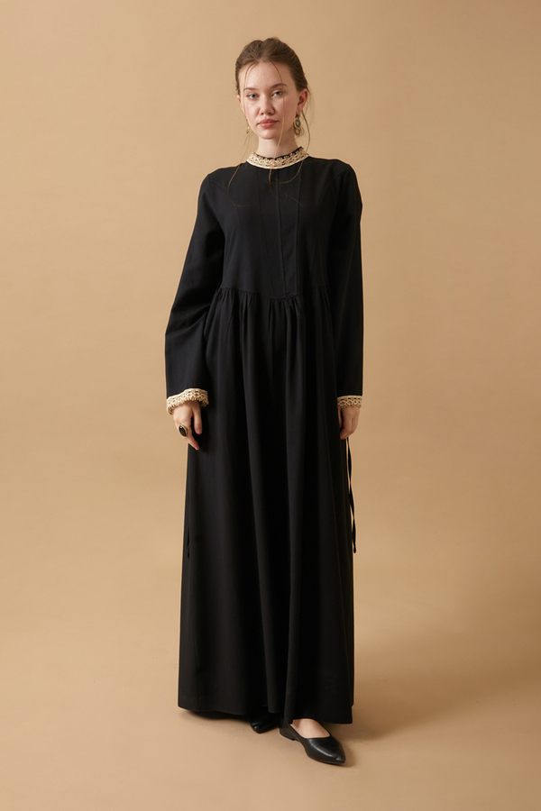 Dantel Şeritli Keten Elbise Siyah - 2