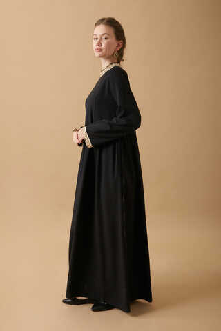 Dantel Şeritli Keten Elbise Siyah - 7